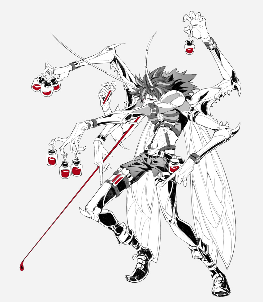 1boy abs absurdres antennae arm_belt belt belt_buckle blood boots bracelet buckle bug extra_arms fur_trim greyscale highres holding insect insect_boy insect_wings jewelry liquid loladestiny male_focus monochrome mosquito muscle navel original red_eyes simple_background solo spikes spot_color standing vial wings