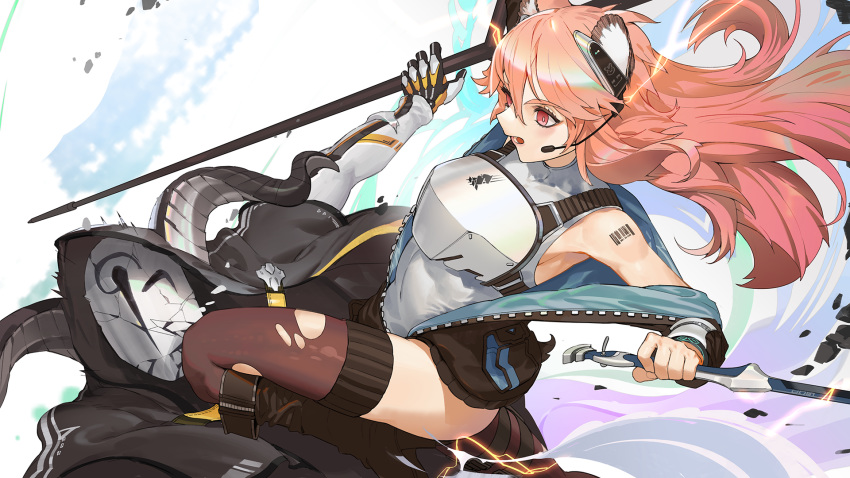 1girl 1other animal_ear_fluff animal_ears arknights bangs barcode_tattoo bodysuit bodysuit_under_clothes breasts eyebrows_visible_through_hair fighting gravel_(arknights) hair_between_eyes headset highres holding holding_weapon horns kyma_curry long_hair microphone open_mouth partial_bodysuit pink_hair red_eyes tattoo thigh-highs torn_clothes torn_legwear weapon