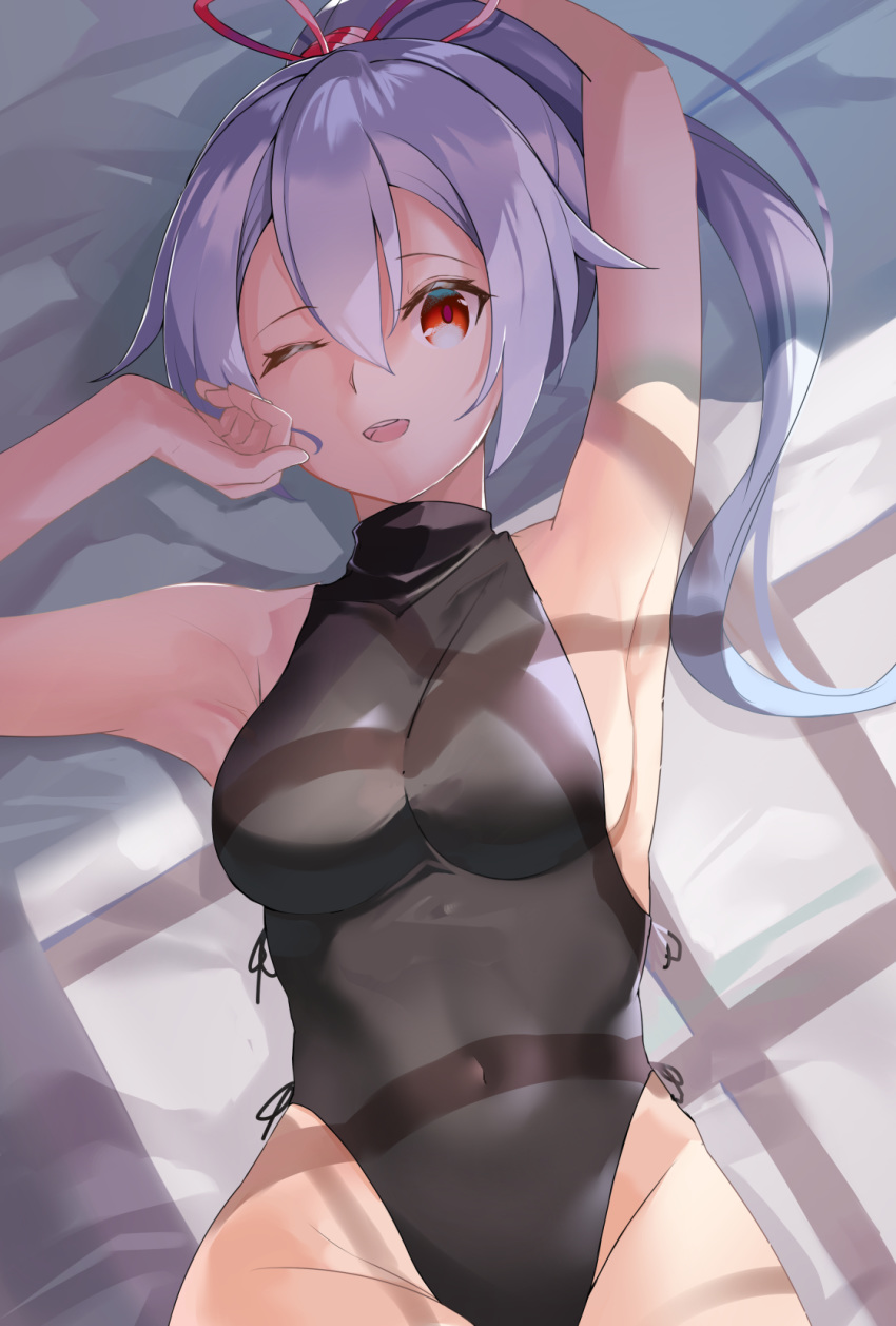 1girl armpits arms_up bangs bare_shoulders black_leotard breasts covered_navel fate/grand_order fate_(series) hair_between_eyes hair_ribbon highleg highleg_leotard highres large_breasts leotard long_hair looking_at_viewer lying on_back one_eye_closed open_mouth ponytail red_eyes red_ribbon ribbon shade sideboob silver_hair smile solo tomoe_gozen_(fate/grand_order) tsukise_miwa
