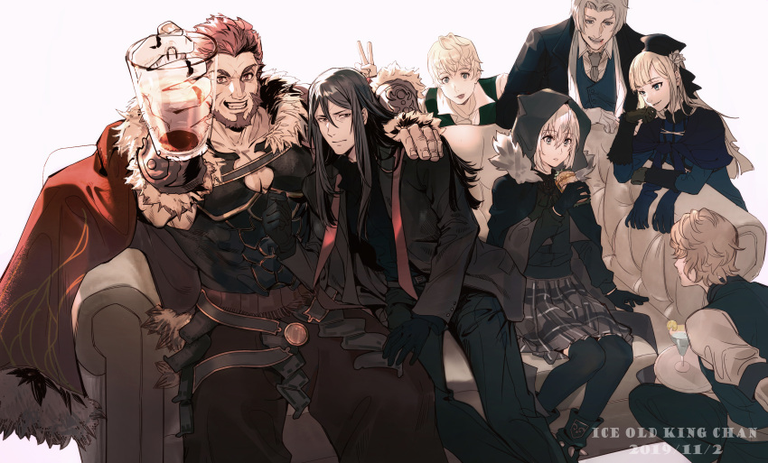 2girls 5boys absurdres beard black_hair blonde_hair blood blood_in_mouth bunny_ears_prank couch everyone facial_hair fate/zero fate_(series) flat_eskardos food formal gray_(lord_el-melloi_ii) grey_hair highres looking_at_viewer lord_el-melloi_ii lord_el-melloi_ii_case_files melvin_weins multiple_boys multiple_girls muted_color redhead reines_el-melloi_archisorte rider_(fate/zero) sandwich sepia sitting suit svin_glascheit v waver_velvet yunhongming