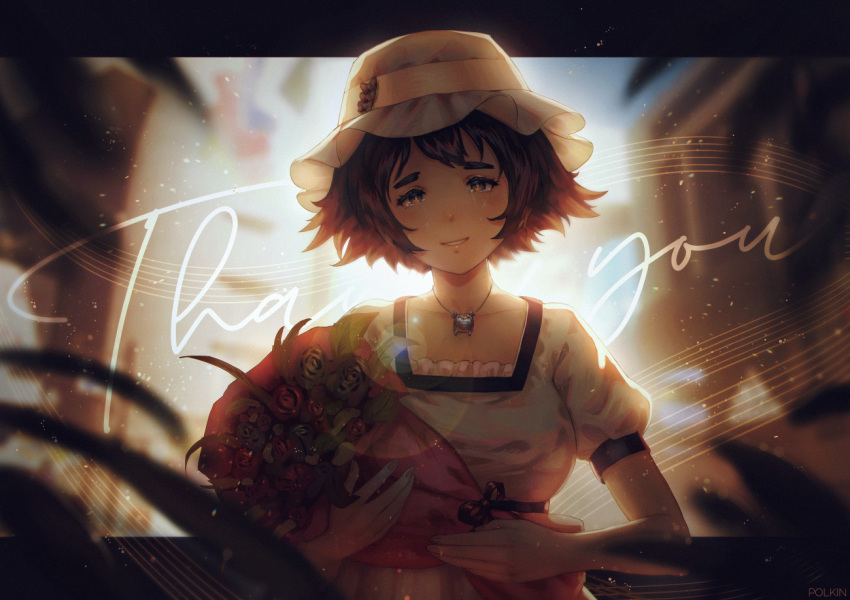 1girl bangs black_hair blue_eyes blurry blurry_background blurry_foreground crying crying_with_eyes_open flower hat jewelry letterboxed looking_at_viewer necklace outside_border polkin shiina_mayuri short_hair solo steins;gate tears thank_you upper_body