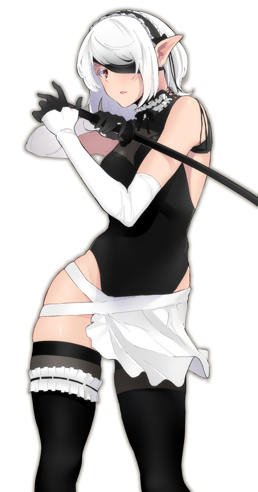 1girl absurdres alterna99 apron bare_shoulders black_legwear blush breasts elbow_gloves elf eyepatch gloves hairband highres holding holding_sword holding_weapon katana leotard lolita_hairband looking_at_viewer maid medium_hair original pointy_ears ponytail red_eyes solo sword thigh-highs weapon white_hair