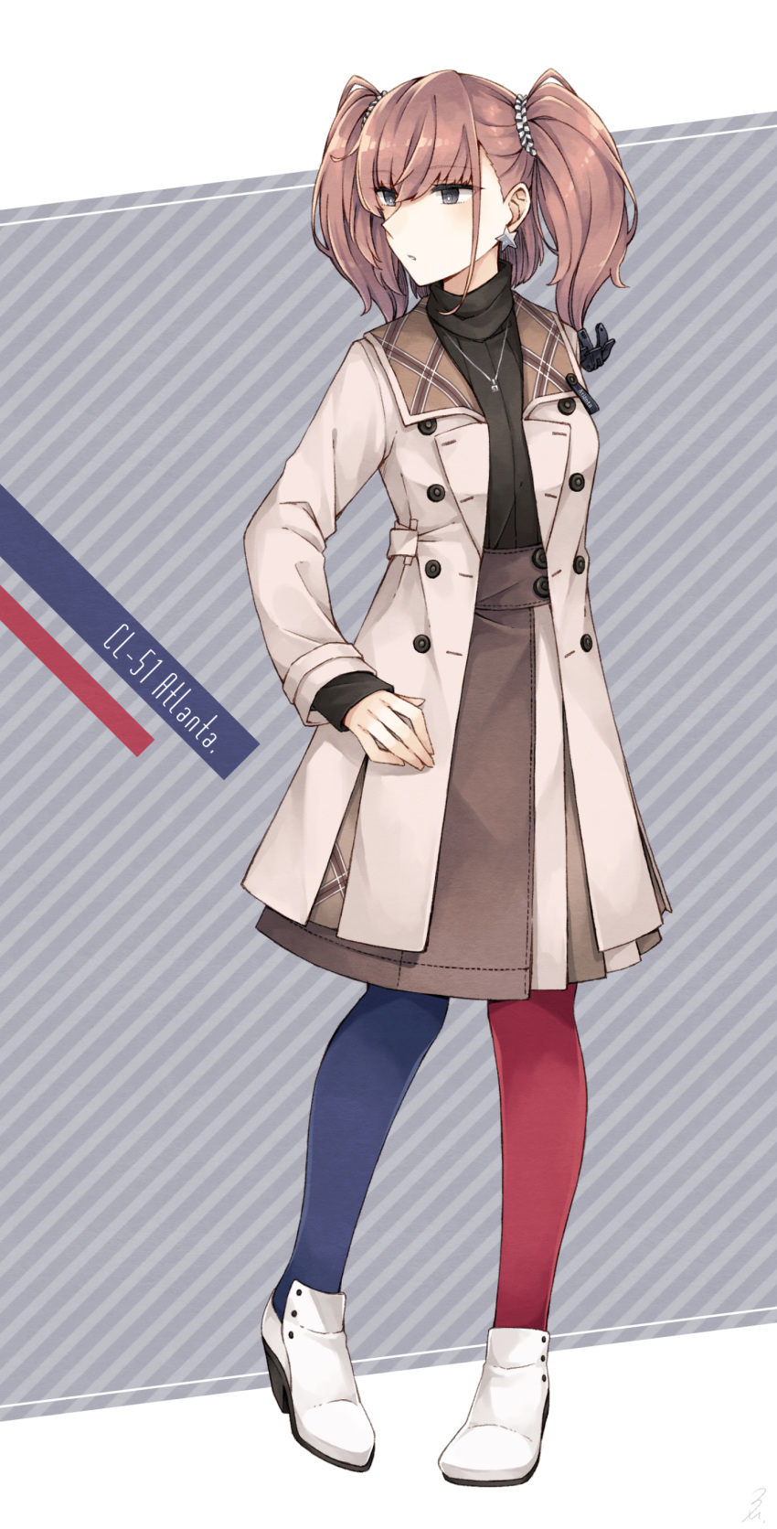 1girl absurdres alternate_costume anchor_hair_ornament asymmetrical_legwear atlanta_(kantai_collection) bangs black_eyes black_sweater boots breasts brown_coat brown_hair character_name coat commentary earrings english_commentary eyebrows_visible_through_hair full_body hair_ornament highres jewelry kantai_collection long_hair miroku_san-ju necklace open_mouth pantyhose single_earring skirt solo standing star star_earrings sweater turtleneck turtleneck_sweater two_side_up white_footwear