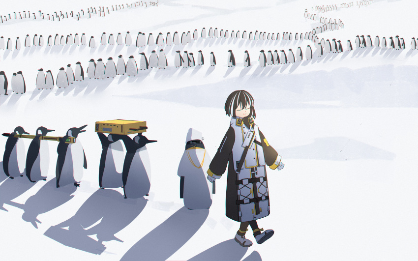 1boy 1girl 6+others absurdres arknights bird carrying_over_shoulder closed_eyes followers following hat highres laluna long_jacket magallan_(arknights) multiple_others penguin shirt snow suitcase t-shirt the_emperor_(arknights) tripod walking