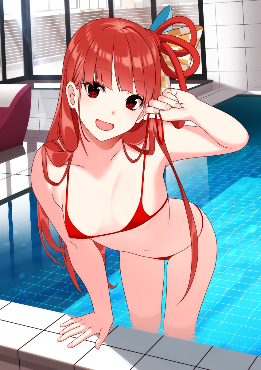 1girl absurdres bangs bikini blunt_bangs bow breasts checkered_ribbon collarbone commentary_request eyebrows_visible_through_hair hair_bow highres kotonoha_akane long_hair mikoma_sanagi nail_polish open_mouth pool red_bikini red_eyes redhead small_breasts solo straight_hair swimsuit voiceroid window
