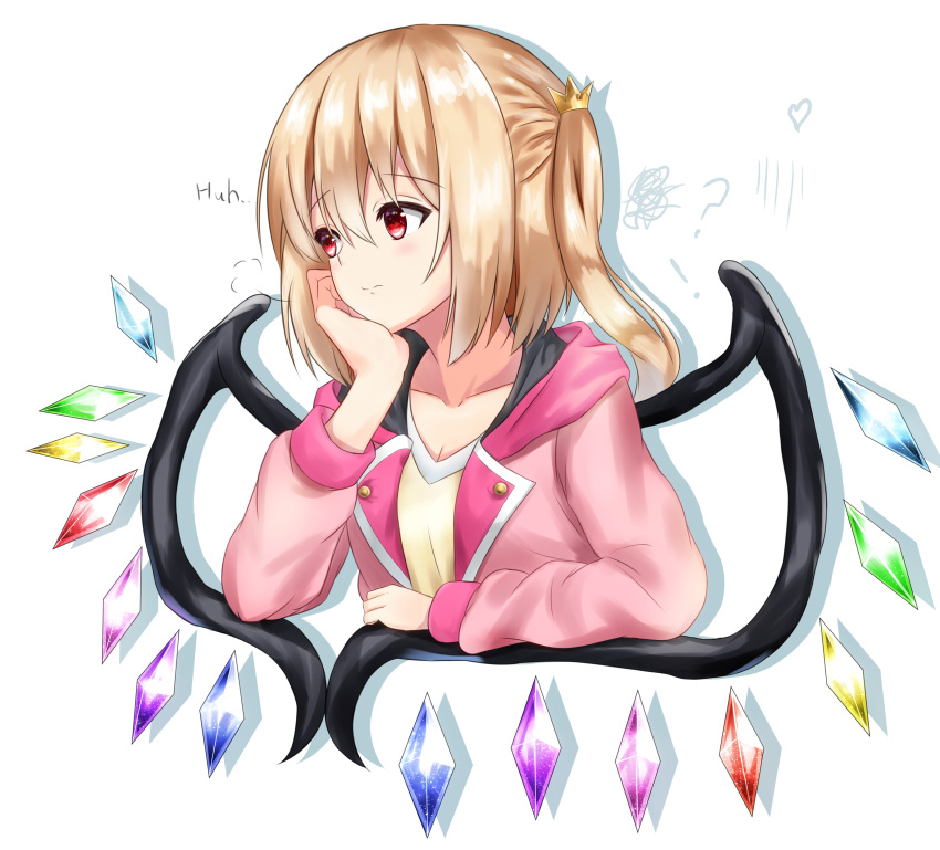 ! 1girl =3 ? absurdres alternate_costume arm_rest blonde_hair collarbone commentary crown_hair_ornament drop_shadow elbow_rest expressionless eyebrows_visible_through_hair flandre_scarlet hair_between_eyes head_in_hand heart heart_wings highres jacket kaeremu long_sleeves looking_to_the_side no_hat no_headwear one_side_up open_clothes open_jacket pink_jacket red_eyes shirt short_hair simple_background solo squiggle touhou upper_body white_background wings yellow_shirt
