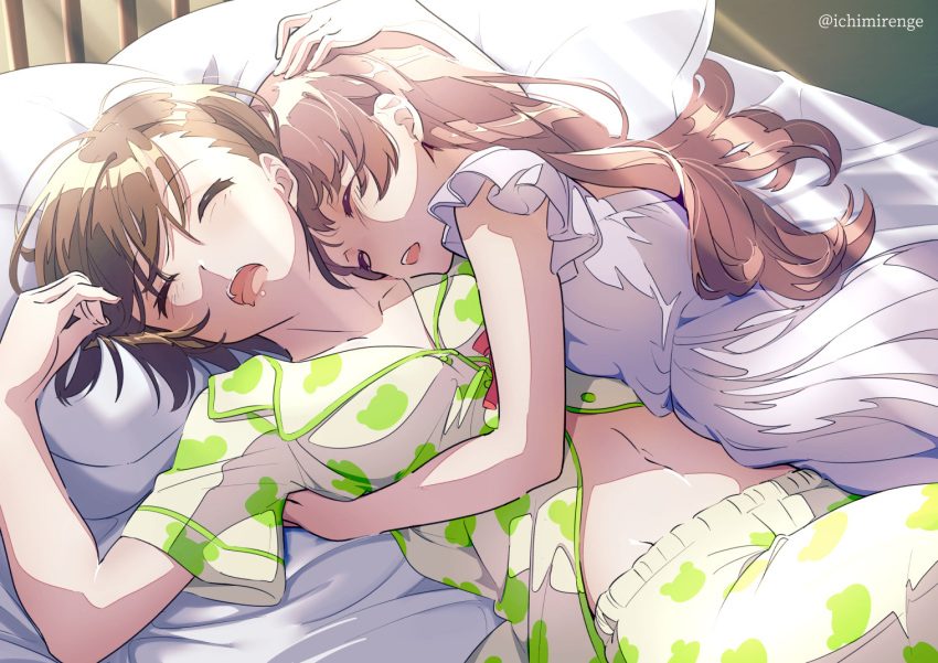 2girls alternate_breast_size artist_name bed bed_sheet bob_cut breasts brown_hair closed_eyes commentary hair_strand hand_on_another's_head hug ichimirenge long_hair lying medium_breasts messy_hair midriff misaka_mikoto multiple_girls navel nightgown on_bed open_mouth pajamas partially_unbuttoned pillow saliva shirai_kuroko short_hair sleeping to_aru_kagaku_no_railgun to_aru_majutsu_no_index yuri