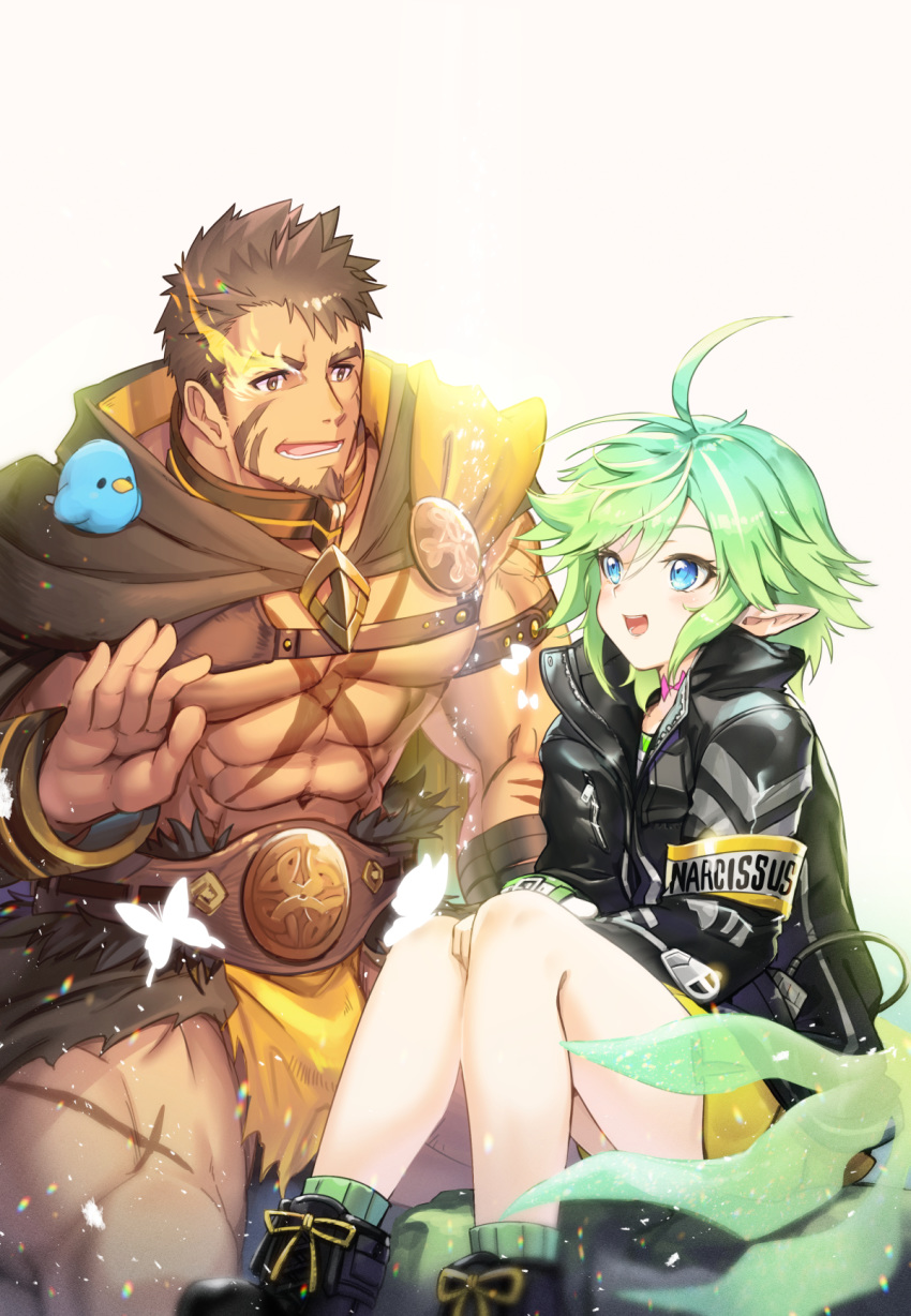 1boy 1girl abs bangs bara beard belt blue_eyes brown_hair bug butterfly cape chain chest echo_(tokyo_houkago_summoners) facial_hair green_hair hercules_(tokyo_houkago_summoners) highres insect long_sleeves looking_at_another miniskirt muscle nipples open_mouth pectorals scar shoes simple_background sitting skirt smile thighs tokyo_houkago_summoners waku_(ayamix)