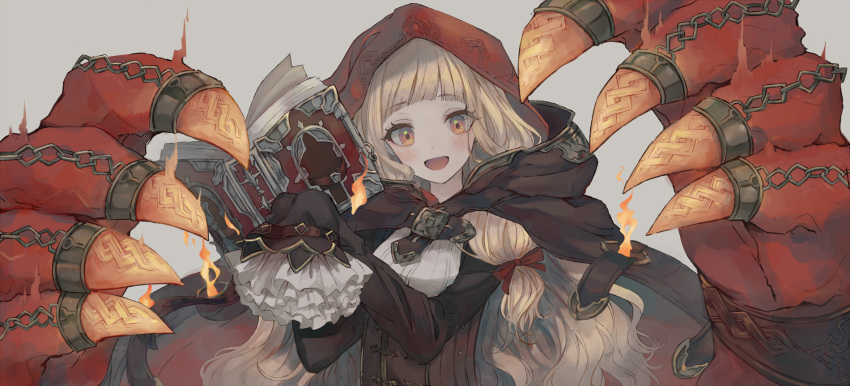 1girl bangs belt belt_buckle blonde_hair blunt_bangs blush book bow brown_belt brown_cloak buckle claws cloak corset eyebrows_visible_through_hair fire frilled_sleeves frills grey_background hair_bow highres holding holding_book hood hood_down hood_up hooded_cloak little_red_riding_hood_(sinoalice) long_hair long_sleeves looking_at_viewer multicolored multicolored_clothes open_book open_mouth orange_eyes protected_link red_bow red_cloak red_hood sidelocks simple_background sinoalice sleeves_past_wrists solo upper_body wavy_hair yrloge