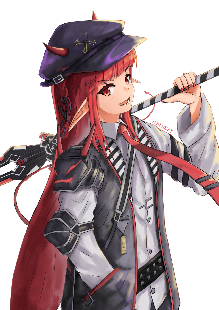1girl :d arknights artist_name braid collared_shirt commentary demon_horns demon_tail english_commentary eyebrows_visible_through_hair fingernails hand_in_pocket hat highres holding horns horns_through_headwear ichi10art jacket long_hair long_sleeves looking_at_viewer necktie open_clothes open_jacket open_mouth pointy_ears purple_headwear red_eyes red_neckwear redhead shirt smile solo tail v-shaped_eyebrows very_long_hair vigna_(arknights) white_background white_shirt wing_collar