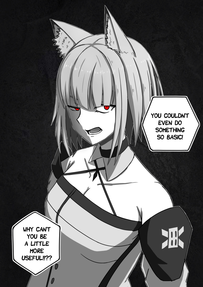 1girl absurdres animal_ear_fluff animal_ears arknights collarbone commentary criss-cross_halter detached_collar english_commentary english_text greyscale halterneck highres ichi10art kal'tsit looking_at_viewer monochrome open_mouth red_eyes solo spot_color squinting