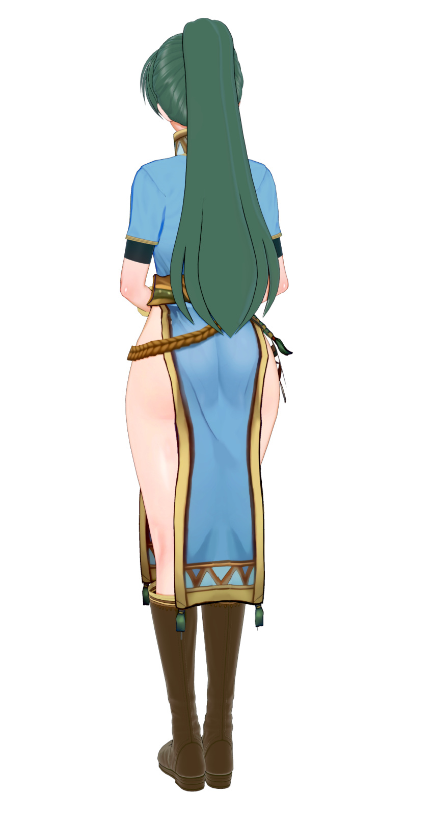 1girl 3d belt boots brown_footwear dress fire_emblem fire_emblem:_the_blazing_blade fire_emblem_heroes from_behind full_body green_hair highres knee_boots koikatu long_hair lyn_(fire_emblem) pelvic_curtain ponytail shiny shiny_hair shiny_skin short_sleeves simple_background solo standing thighs tied_hair uck-eck-uck white_background