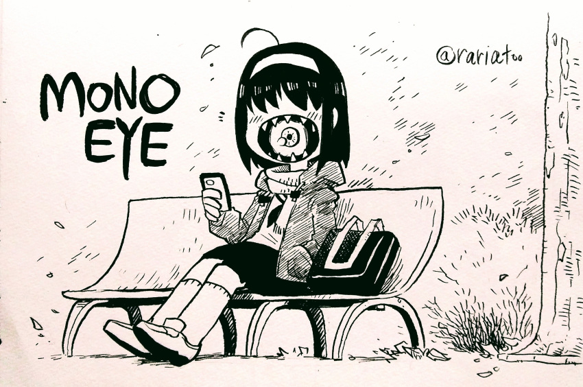 1girl absurdres ahoge bag bench bob_cut cellphone commentary cyclops english_commentary greyscale hairband hand_in_pocket highres holding holding_phone hood hood_down hooded_jacket ink_(medium) inktober jacket long_sleeves looking_at_viewer monochrome monster_girl one-eyed open_clothes open_jacket original outdoors phone rariatto_(ganguri) school_bag school_swimsuit sharp_teeth shoes short_hair sitting smartphone socks solo swimsuit teeth traditional_media tree twitter_username