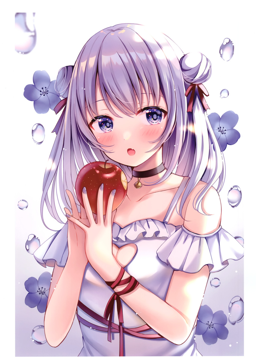1girl :o absurdres bangs blue_eyes blush collar collarbone double_bun fang flower food fruit grey_nails hair_between_eyes hair_ribbon highres holding holding_food holding_fruit long_hair looking_at_viewer nail_polish off-shoulder_shirt off_shoulder original purple_flower red_apple red_ribbon ribbon sakura_hiyori shiny shiny_hair shirt silver_hair simple_background solo upper_body white_background white_shirt wrist_ribbon