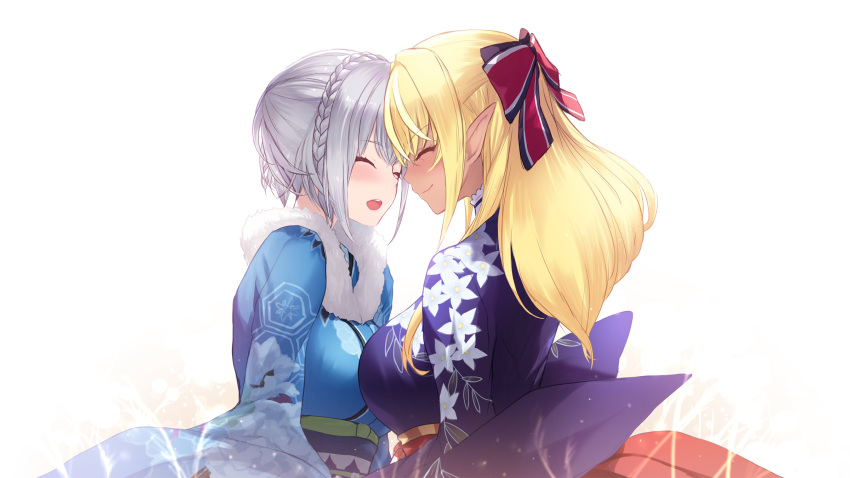 2girls bangs blonde_hair blue_kimono blush bow braid breasts cait closed_eyes dark_skin elf eyebrows_visible_through_hair floral_print hair_between_eyes hair_bow hair_ornament highres hololive japanese_clothes kimono large_breasts long_hair long_sleeves multiple_girls open_mouth pointy_ears purple_kimono shiranui_flare shirogane_noel short_hair silver_hair simple_background smile snowflake_print virtual_youtuber white_background