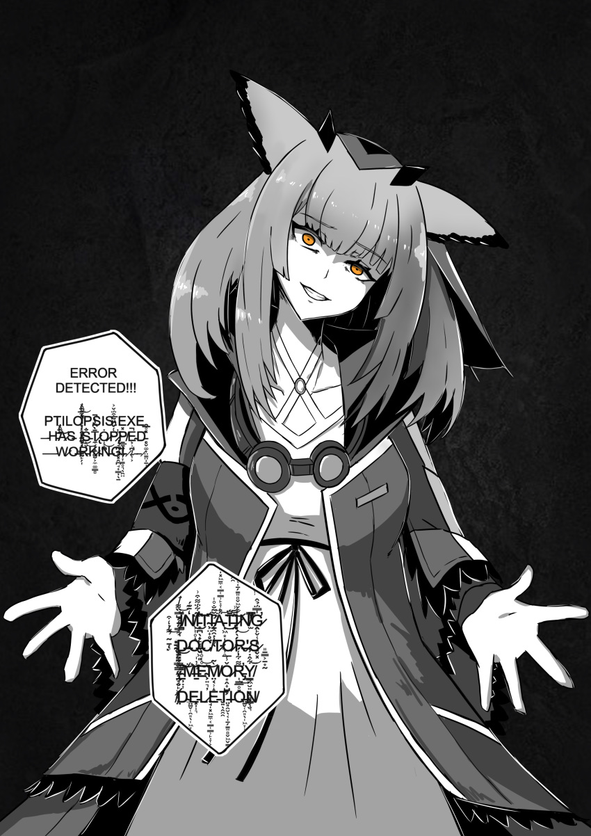 1girl absurdres animal_ears arknights english_commentary english_text gesugao goggles goggles_around_neck greyscale highres ichi10art long_sleeves looking_at_viewer monochrome monochrome_background open_mouth outstretched_hand owl_ears ptilopsis_(arknights) solo teeth wide_sleeves yellow_eyes