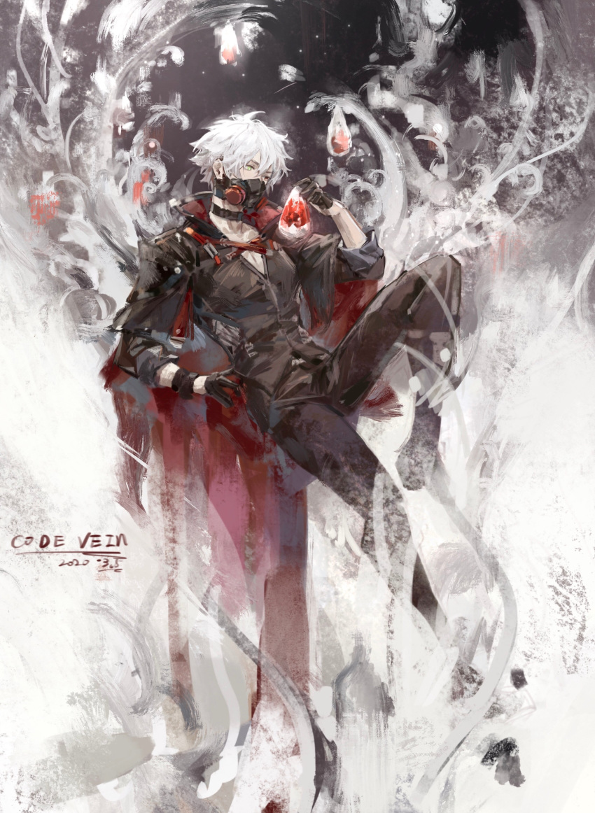 1boy absurdres black_choker black_gloves blood_bead cape choker code_vein collarbone dated gas_mask gloves green_eyes hair_between_eyes half_gloves heterochromia highres holding loladestiny male_focus protagonist_(code_vein) red_cape red_eyes sketch sleeves_rolled_up solo tree white_hair