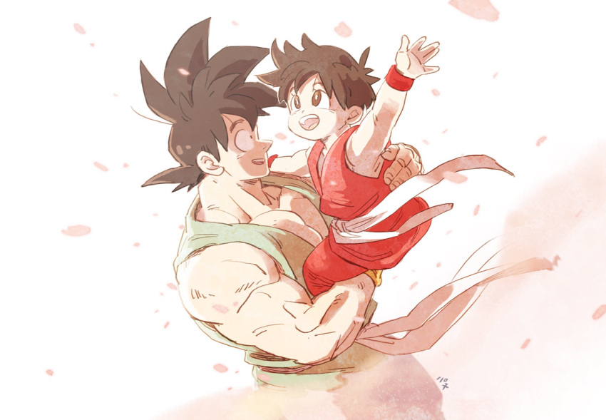 1boy 1girl :d amepati black_eyes black_hair carrying cherry_blossoms chest dougi dragon_ball dragon_ball_z dutch_angle eyelashes fingernails floating flower gradient gradient_background grandfather_and_granddaughter hand_on_another's_shoulder hand_up happy looking_at_another looking_up open_mouth pan_(dragon_ball) parted_lips pectorals petals pink_background pink_flower profile short_hair simple_background smile son_gokuu spiky_hair teeth tongue upper_body upper_teeth very_short_hair white_background wind wind_lift wristband