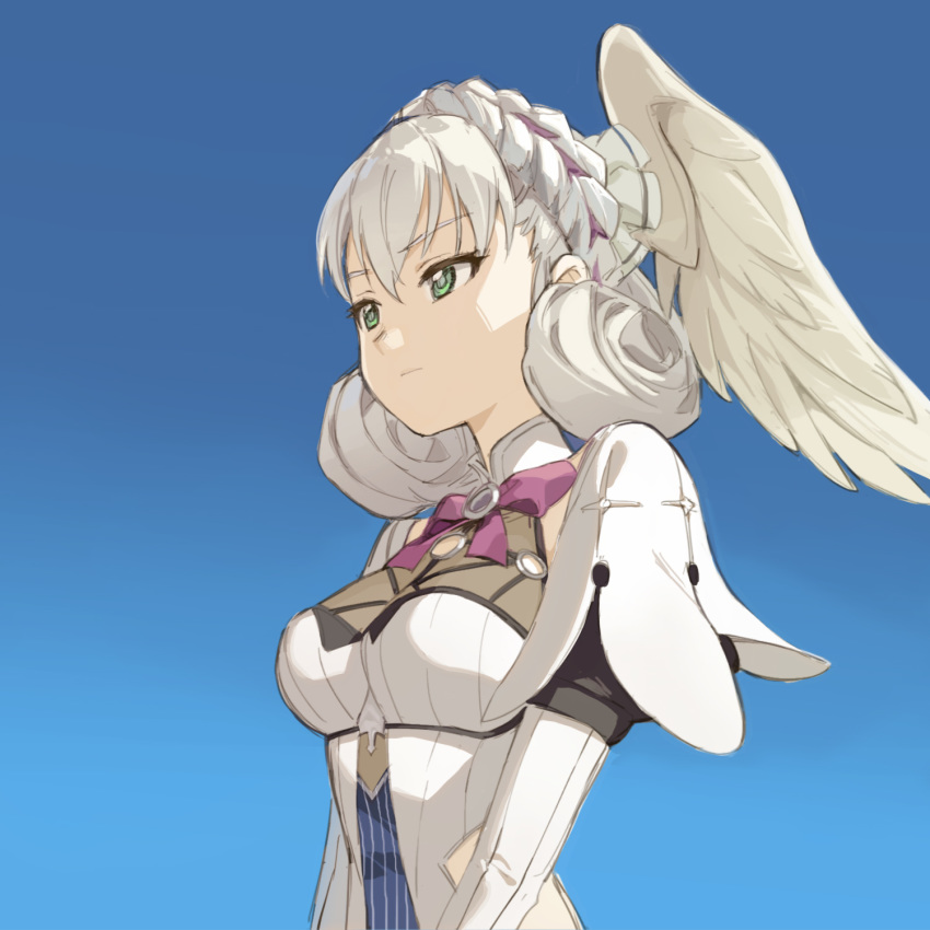 1girl blue_background braid breasts crown_braid curly_hair eyebrows_visible_through_hair green_eyes head_wings highres juliet_sleeves long_sleeves looking_afar medium_breasts melia o-ring puffy_sleeves silver_hair solo tugo xenoblade_(series) xenoblade_1