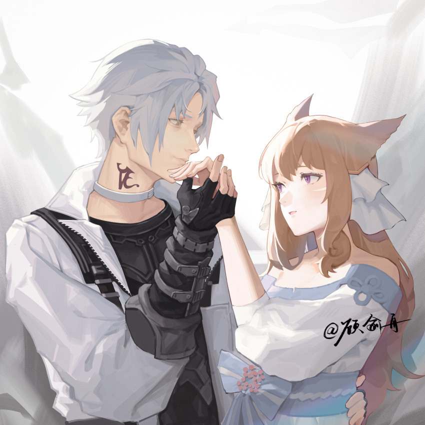1boy 1girl absurdres animal_ears avatar_(ffxiv) black_gloves black_shirt brown_hair cat_ears closed_mouth commentary commission dress final_fantasy final_fantasy_xiv fingerless_gloves gloves hair_ribbon hand_on_another's_waist hetero highres holding_hands jacket long_hair looking_at_another miqo'te neck_tattoo off-shoulder_dress off_shoulder parted_lips ribbon rocher-hd shirt short_hair signature slit_pupils tattoo thancred_waters violet_eyes white_dress white_hair white_jacket white_ribbon