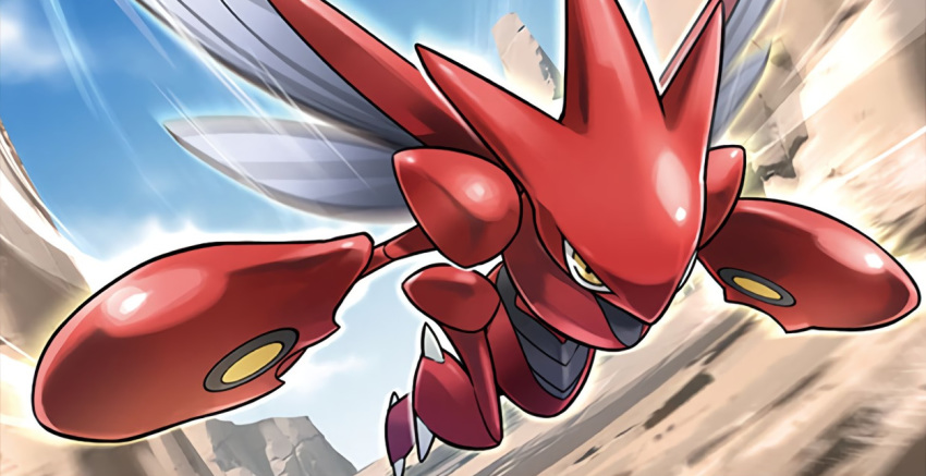 blue_sky commentary creature day english_commentary full_body fuse_ryuuta gen_2_pokemon multiple_sources no_humans official_art outdoors pokemon pokemon_(creature) pokemon_trading_card_game scizor sky solo third-party_source wings