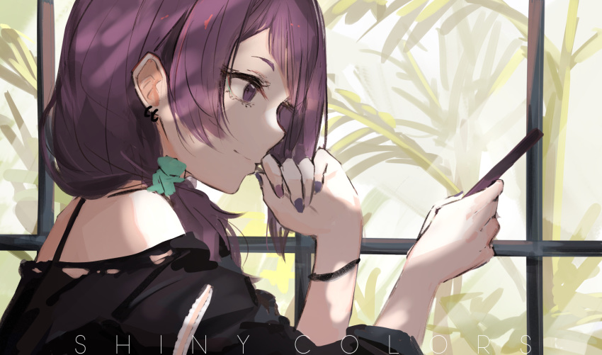 1girl bangs black_shirt bracelet cellphone closed_mouth commentary diagonal_bangs earrings from_side highres holding holding_phone idolmaster idolmaster_shiny_colors jewelry looking_at_phone low_tied_hair phone plant purple_hair purple_nails shirt smartphone smile takagaki_eru tanaka_mamimi violet_eyes window