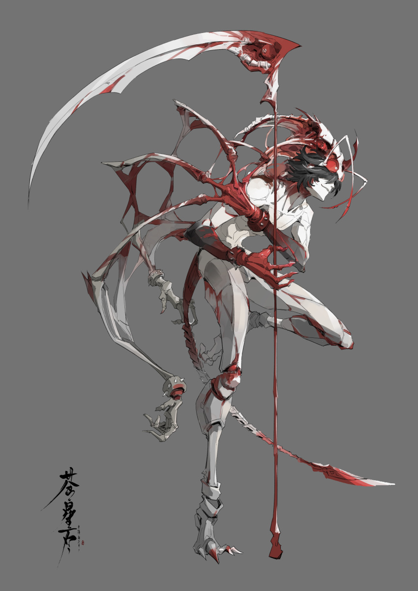 1boy absurdres antennae black_hair collarbone extra_arms extra_ears fingernails grey_background hair_over_eyes headgear highres holding holding_scythe holding_weapon insect_boy loladestiny long_fingernails male_focus original parted_lips scythe simple_background smile solo spikes standing standing_on_one_leg stinger tail weapon wristband