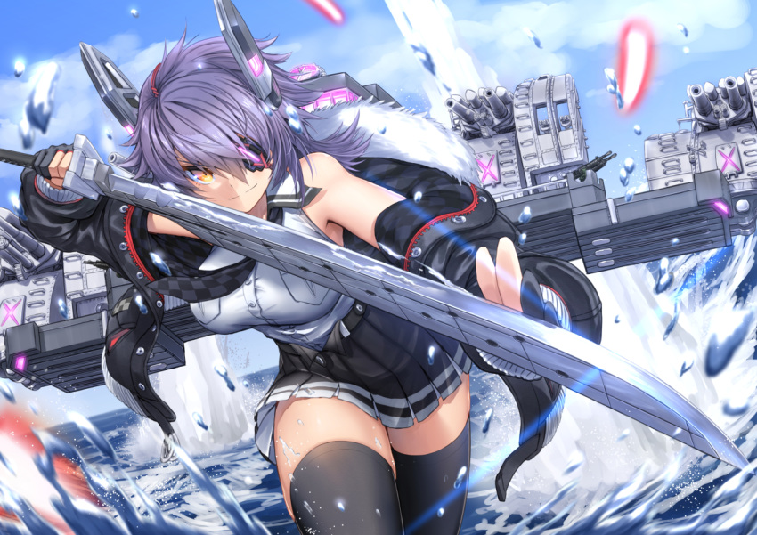 1girl bangs black_gloves black_jacket black_legwear black_skirt breasts checkered checkered_neckwear clouds day eyebrows_visible_through_hair eyepatch gloves headgear jacket kantai_collection large_breasts machinery necktie outdoors partly_fingerless_gloves pleated_skirt purple_hair remodel_(kantai_collection) rigging shirt short_hair skirt sky sleeveless sleeveless_shirt smile solo sword tenryuu_(kantai_collection) thigh-highs water weapon yellow_eyes zombie_mogura