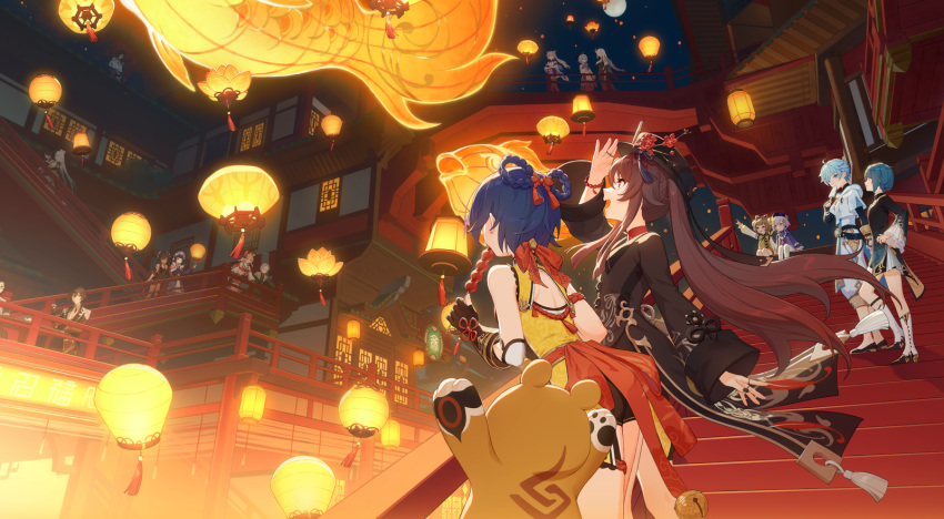 4boys 6+girls bangs beidou_(genshin_impact) blue_hair braid brown_hair building china_dress chinese_clothes chongyun_(genshin_impact) dress food ganyu_(genshin_impact) genshin_impact guoba_(genshin_impact) hair_between_eyes hat highres holding hu_tao_(genshin_impact) keqing_(genshin_impact) lantern lantern_festival long_hair long_sleeves looking_up madame_ping_(genshin_impact) multiple_boys multiple_girls night ningguang_(genshin_impact) outdoors panda pants paper_lantern pointing popsicle qiqi_(genshin_impact) red_eyes rj_(lingshih10) scenery shenhe_(genshin_impact) shorts sky_lantern stairs top_hat twin_braids twintails very_long_hair window xiangling_(genshin_impact) xiao_(genshin_impact) xingqiu_(genshin_impact) xinyan_(genshin_impact) yanfei_(genshin_impact) yaoyao_(genshin_impact) yun_jin_(genshin_impact) zhongli_(genshin_impact)