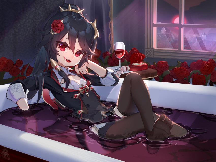 1girl absurdres alcohol bangs bath bathing bathtub black_dress black_hair black_legwear commentary_request crossed_legs cup curtains dress drinking_glass eyebrows_behind_hair flower fu_hua full_moon hair_between_eyes hair_flower hair_ornament highres honkai_(series) honkai_impact_3rd indoors ketchup_bottle long_hair long_sleeves looking_at_viewer moon night no_shoes open_mouth partially_submerged red_eyes red_flower red_moon red_rose rose soles solo spikes thigh-highs upper_teeth window wine wine_glass wucanming