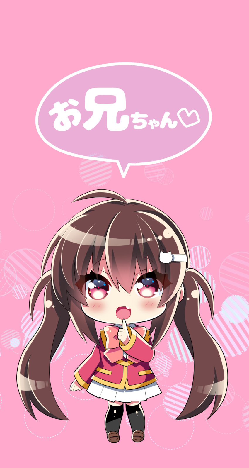 1girl ahoge black_legwear blush bow bowtie brown_eyes brown_hair chibi eyebrows_visible_through_hair fang finger_to_mouth hair_between_eyes hano_haruka highres jacket long_hair long_sleeves looking_at_viewer open_mouth original pink_background pleated_skirt red_jacket shoes simple_background skin_fang skirt solo thigh-highs twintails very_long_hair white_skirt