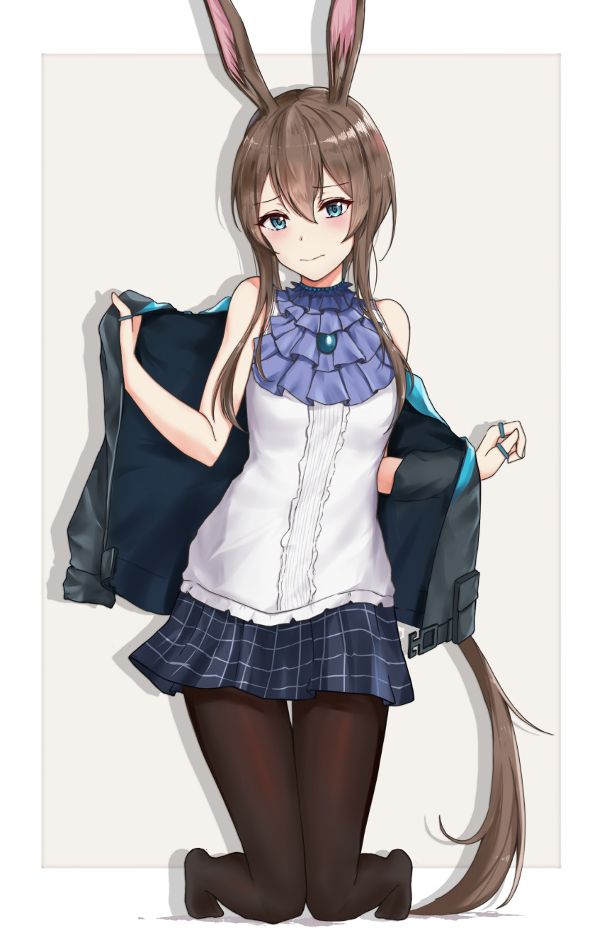 1girl amiya_(arknights) animal_ears arknights black_jacket black_legwear blouse blue_eyes blue_skirt blush breasts brown_hair choker closed_mouth collar eyebrows_visible_through_hair frilled_collar frills full_body grey_background hair_between_eyes highres jacket jewelry kneeling long_hair looking_at_viewer mango_(mgo) medium_breasts miniskirt multiple_rings off_shoulder pantyhose plaid plaid_skirt ponytail rabbit_ears ring shadow sidelocks simple_background skirt sleeveless solo thumb_ring very_long_hair white_background white_blouse