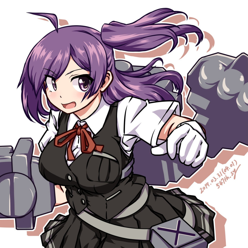 1girl 547th_sy adapted_turret ahoge artist_name black_skirt black_vest breast_pocket breasts cannon commentary_request cowboy_shot dated dress_shirt gloves hagikaze_(kantai_collection) highres kantai_collection long_hair machinery medium_breasts neck_ribbon one_side_up pleated_skirt pocket purple_hair red_neckwear red_ribbon ribbon shirt simple_background skirt solo turret vest violet_eyes white_background white_gloves white_shirt