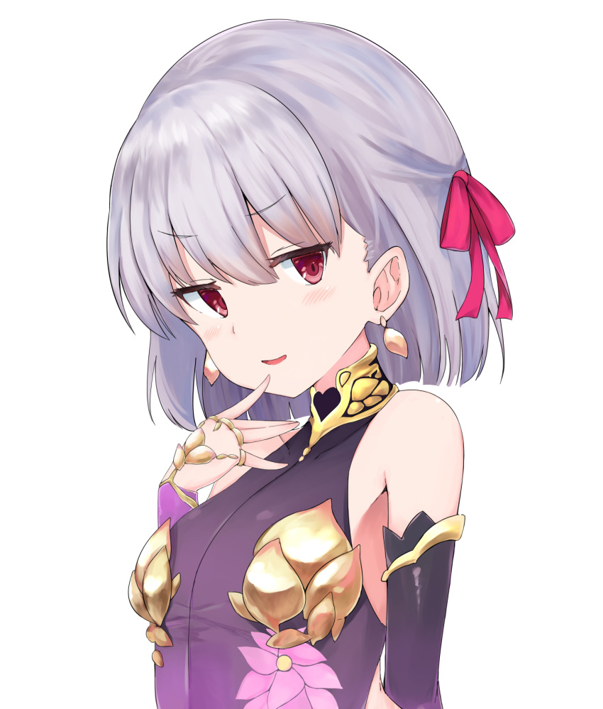 000kk 1girl armor bangs bare_shoulders bikini_armor blush breasts collar detached_sleeves dress earrings fate/grand_order fate_(series) finger_to_chin hair_ribbon hand_up highres jewelry kama_(fate/grand_order) looking_at_viewer metal_collar open_mouth pink_ribbon purple_dress purple_sleeves ribbon ring short_hair silver_hair simple_background small_breasts smile solo white_background
