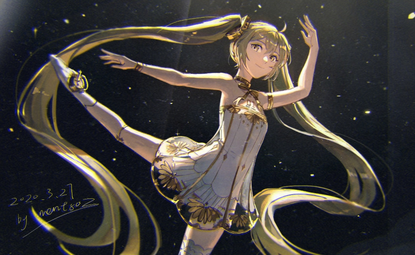 1girl ahoge armpits arms_up bare_shoulders black_background bracelet brown_eyes closed_mouth dancing dated dress green_hair hatsune_miku jewelry leg_up light long_hair mento miku_symphony_(vocaloid) number see-through signature single_thighhigh sleeveless sleeveless_dress smile solo thigh-highs twintails very_long_hair vocaloid white_dress white_legwear
