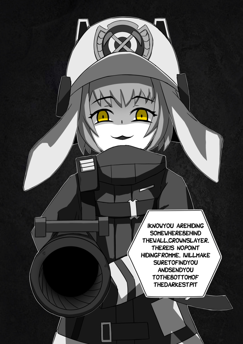 1girl absurdres arknights commentary english_commentary english_text evil_smile eyebrows_visible_through_hair fire_helmet fire_jacket firefighter greyscale highres hose ichi10art looking_at_viewer monochrome parted_lips shaw_(arknights) smile solo spot_color squirrel_girl yellow_eyes