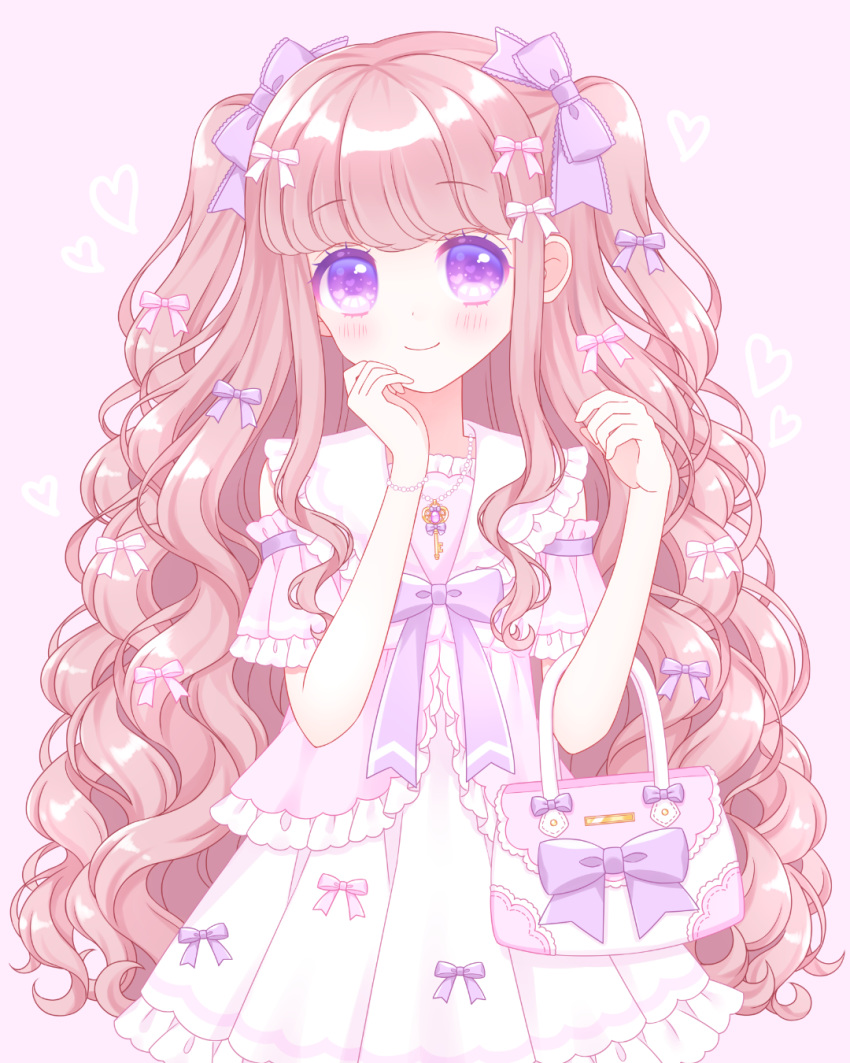 1girl bag bangs blush bow bracelet brown_hair closed_mouth commentary_request curly_hair dress eyebrows_visible_through_hair frilled_dress frilled_sailor_collar frills hair_bow handbag hands_up heart heart_background highres himetsuki_luna jewelry long_hair necklace original pearl_bracelet pearl_necklace pink_bow pleated_dress purple_background purple_bow sailor_collar sailor_dress simple_background smile solo two_side_up very_long_hair violet_eyes white_dress white_sailor_collar