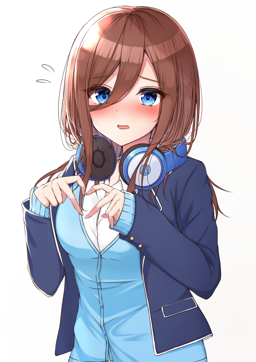 absurdres aqua_cardigan blue_eyes blue_jacket blush breasts brown_hair eyebrows_visible_through_hair finger_heart go-toubun_no_hanayome hair_between_eyes headphones headphones_around_neck highres jacket long_hair looking_at_viewer medium_breasts nakano_miku open_clothes open_jacket open_mouth shirt simple_background sweatdrop white_background white_shirt yukiunag1