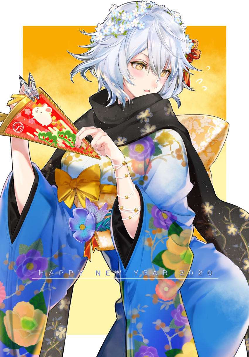 1girl 2020 bangs blush claw_ring code_vein commentary_request cowboy_shot embarrassed flower hair_flower hair_ornament happy_new_year highres io_(code_vein) japanese_clothes jewelry kimono looking_away new_year obi orange_eyes print_kimono sanbabasanba sash scarf short_hair solo sweatdrop white_hair yukata