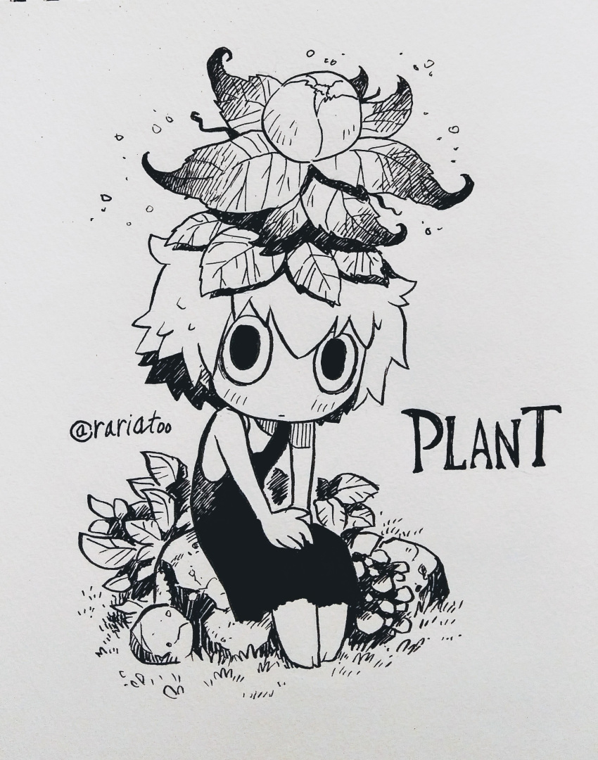 1girl absurdres bare_shoulders barefoot blush closed_mouth commentary dress english_commentary flower flower_on_head grey_background greyscale highres ink_(medium) inktober leaf leaf_on_head long_dress looking_at_viewer monochrome monster_girl original plant_girl rariatto_(ganguri) sanpaku short_hair simple_background sitting sleeveless sleeveless_dress solo traditional_media twitter_username wide-eyed