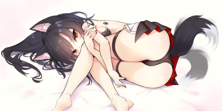 1girl animal_ears ass azur_lane black_hair black_panties blush breasts commentary_request diieru eyebrows_visible_through_hair highres long_hair looking_at_viewer lying medium_breasts on_side panties pleated_skirt red_eyes red_skirt shigure_(azur_lane) skirt solo tail underwear wolf_ears wolf_tail