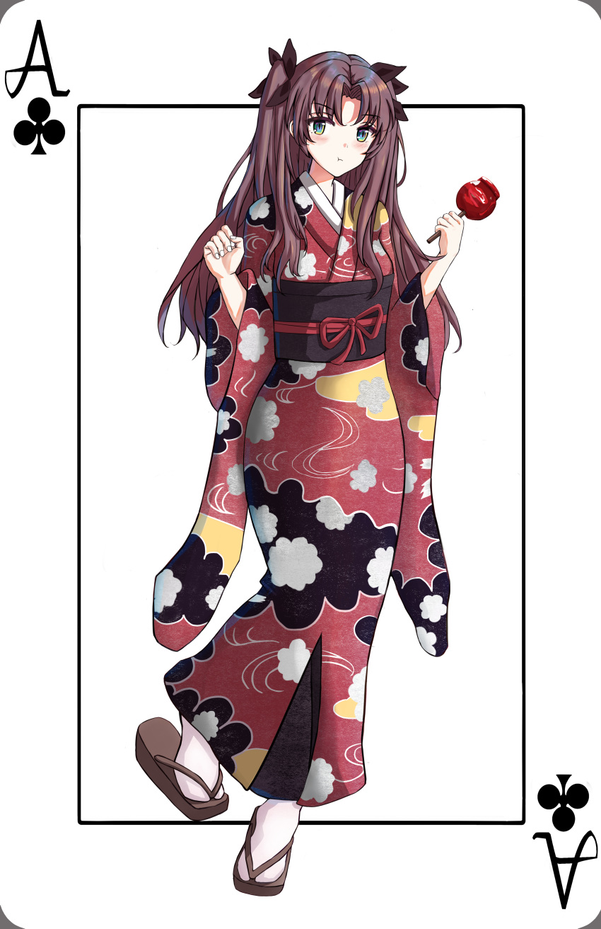 1girl :t absurdres ace_of_clubs bangs black_ribbon blush brown_hair candy_apple card closed_mouth club_(shape) eyebrows_visible_through_hair fate/stay_night fate_(series) food full_body geta green_eyes hair_ribbon heli_herri highres holding holding_food japanese_clothes kimono long_hair long_sleeves obi parted_bangs playing_card print_kimono red_kimono red_ribbon ribbon sash solo standing tabi toosaka_rin two_side_up white_legwear wide_sleeves