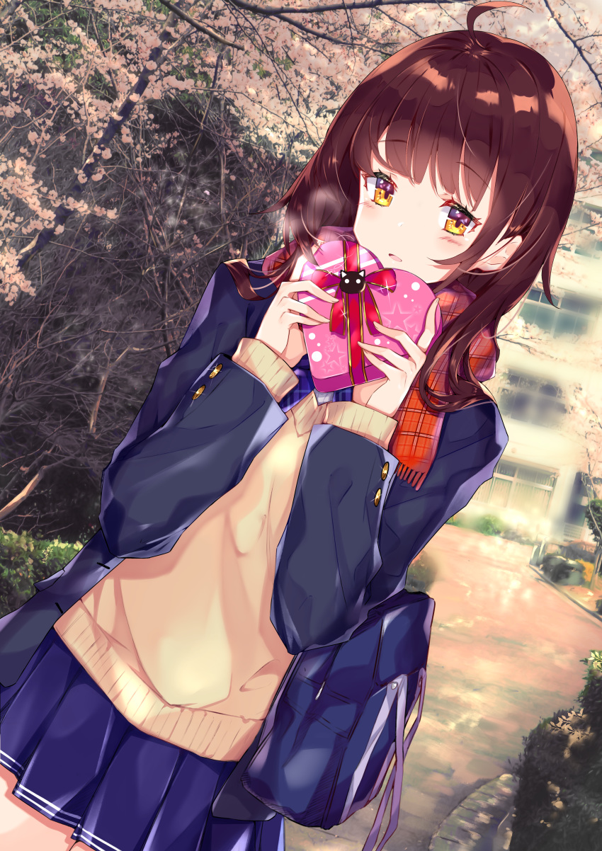 1girl absurdres ahoge bag bangs blazer blue_jacket blue_skirt blush box brown_hair day dutch_angle eyebrows_visible_through_hair heart-shaped_box highres huge_filesize jacket kikuragetom long_hair long_sleeves looking_at_viewer miniskirt open_blazer open_clothes open_jacket open_mouth orange_scarf original outdoors plaid plaid_scarf pleated_skirt red_ribbon ribbon scarf school_bag school_uniform shiny shiny_hair skirt solo sweater valentine yellow_eyes yellow_sweater