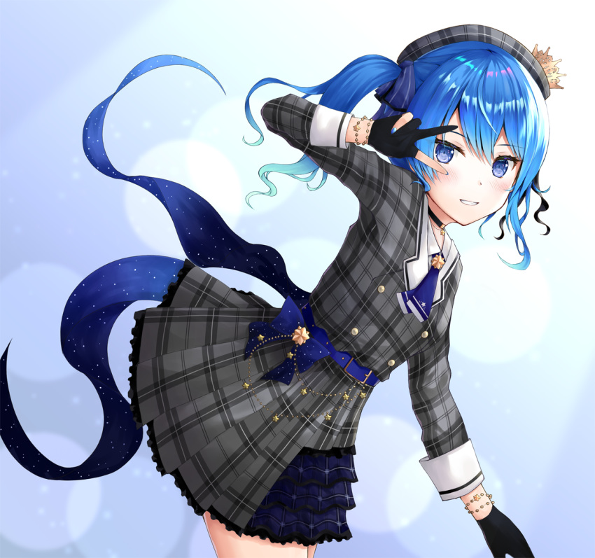 1girl arm_up bangs beret black_gloves blue_bow blue_eyes blue_hair blue_nails blush bow commentary_request crown dress eyebrows_visible_through_hair gloves gradient_hair grey_dress grey_headwear grin hair_between_eyes hat hoshimachi_suisei leaning_forward long_hair long_sleeves mini_crown misui multicolored_hair nail_polish partly_fingerless_gloves plaid plaid_dress plaid_hat pleated_dress side_ponytail smile solo suisei_channel v_over_eye virtual_youtuber