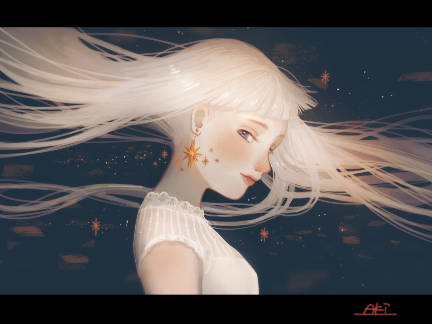 1girl aki_a0623 bangs blue_eyes breasts closed_mouth earrings eyelashes floating_hair from_side highres jewelry lace-trimmed_collar letterboxed long_hair looking_at_viewer nape original red_lips sideways_glance sleeveless small_breasts smile solo sparkle star star_earrings upper_body white_hair
