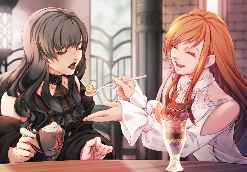 2girls bangs black_dress black_hair black_lips closed_eyes commentary cup dress final_fantasy final_fantasy_xiv food gaia_(ff14) hair_ribbon highres holding holding_cup holding_spoon ice_cream indoors long_hair long_sleeves mihira_(tainosugatayaki) mug multiple_girls open_mouth plunging_neckline redhead ribbon ryne shoulder_cutout spoon sundae white_dress