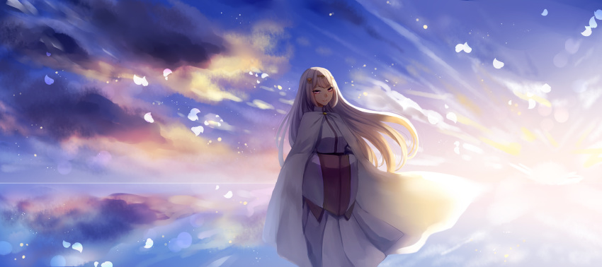 1girl cape clouds day highres long_hair outdoors pixiv_fantasia pixiv_fantasia_age_of_starlight purple_empress_ranrei sae_(091688) solo standing violet_eyes white_cape white_hair wide_sleeves