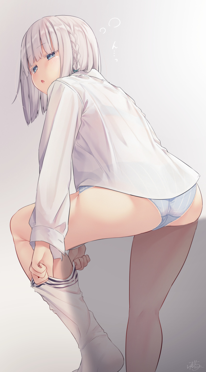 1girl ass bangs blue_bra blue_eyes blue_panties blush bra bra_through_clothes braid colored_eyelashes commentary dressing eyebrows_visible_through_hair grey_background grey_hair highres kneehighs long_sleeves looking_away looking_to_the_side original panties ramchi see-through shirt signature silver_hair-chan_(ramchi) simple_background single_kneehigh solo striped underwear vertical-striped_panties vertical_stripes white_legwear white_shirt