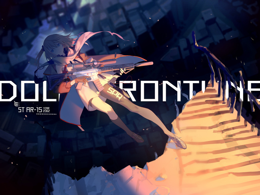 1girl ar-15 assault_rifle asymmetrical_legwear background_text black_legwear blonde_hair blue_eyes brown_gloves character_name closed_mouth commentary_request copyright_name dress falling fingerless_gloves girls_frontline gloves grey_footwear gun holding holding_gun holding_weapon looking_at_viewer one_side_up partial_commentary pink_scarf rifle scarf shoes short_dress single_thighhigh socks solo st_ar-15_(girls_frontline) thigh-highs weapon white_dress yamakawa