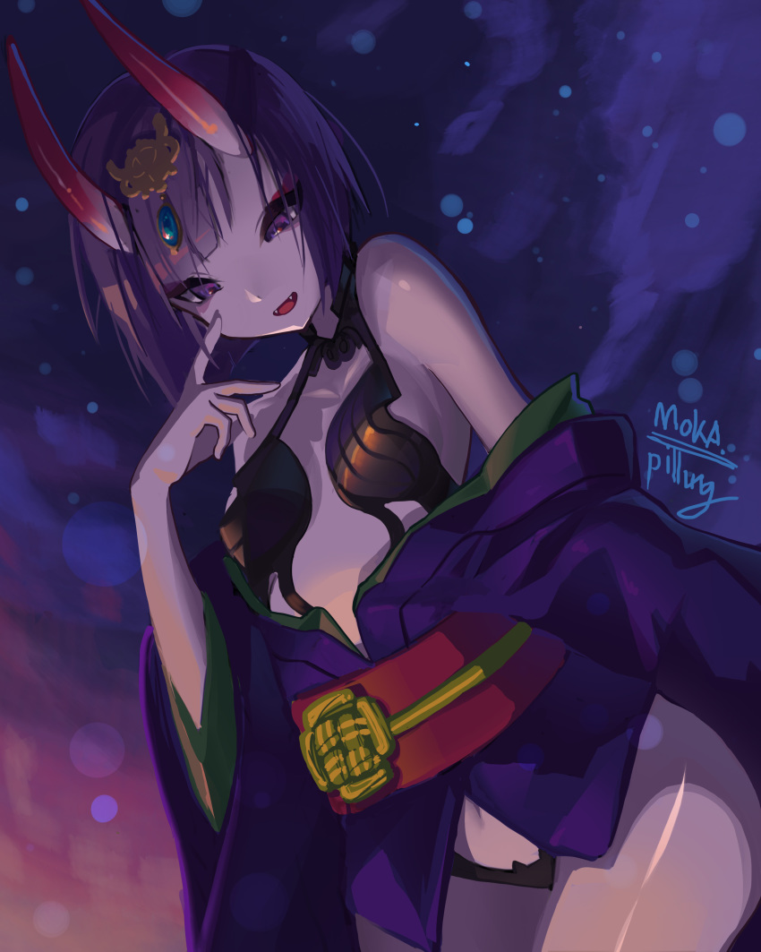 1girl absurdres bangs bare_shoulders blush bob_cut breasts collarbone eyeliner fangs fate/grand_order fate_(series) finger_to_cheek headpiece highres horns japanese_clothes kimono long_sleeves looking_at_viewer makeup night night_sky obi off_shoulder oni oni_horns pillung purple_hair purple_kimono revealing_clothes sash short_eyebrows short_hair shuten_douji_(fate/grand_order) sky small_breasts smile solo thighs violet_eyes wide_sleeves